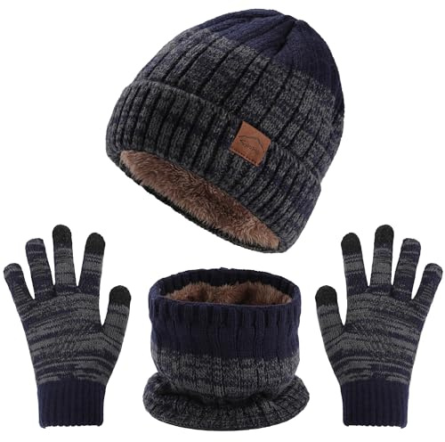 SECRET AROMA Set di 3 cappelli invernali per bambini, sciarpa, guanti, foderati in pile, caldi, in maglia, con touch screen, per bambini dai 4 ai 10 anni