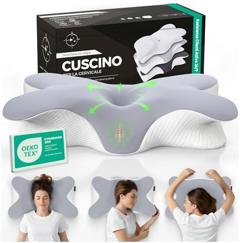 CERVICALFLEX Cuscino Cervicale per Dormire in Memory Foam Comodo Fin dalla Prima Notte - Cuscino Ortopedico Cervicale Ergonomico per Dormire di Lato o Supini Sfoderabile e Lavabile (Chiaro)