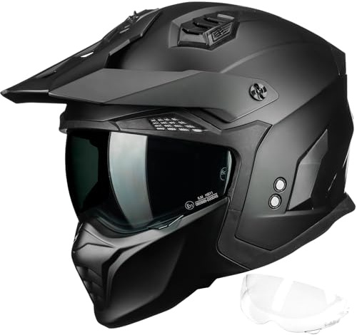 ILM Motorradhelm Herren Damen Motocross Helm Integralhelm Jethelm Vintage Retro mit Visier ECE22.06 Model HS711,Mattes Schwarz,S