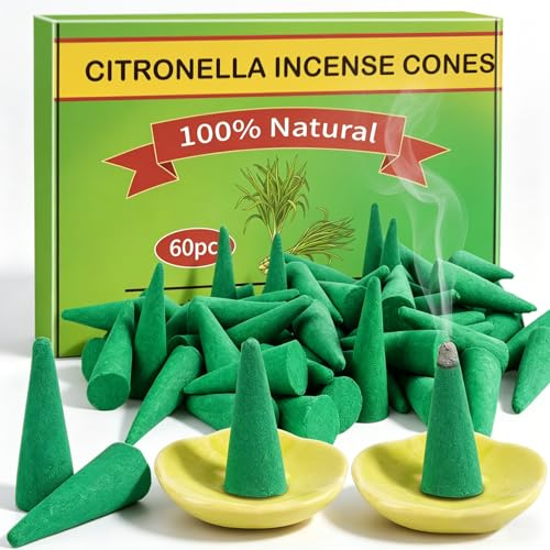 60pz Coni di Incenso Citronella, Coni Incenso 100% Naturale con 2 Supporto, Lemongrass Incensi per Terrazzo, Balcone, Giardino, Patio, Campeggio, Picnic, Piscina
