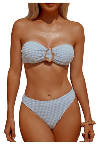 GORGLITTER Bandeau Bikini Sets for Women Plaid Metal Ring Tie Back Top Cheeky Swimsuits 2 Piece Cute Beachwear Light Blue Large
