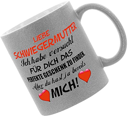 Crealuxe Glitzertasse (Silber) 'Liebe Schwiegermutter - ich habe versucht für dich ...' bedruckt, Kaffeetasse, Bürotasse