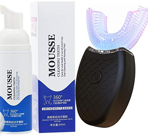 Electric Toothbrush Adults Ultrasonic Automatic U-Shaped Tooth Cleaner Waterproof Teeth Cleaning Plaque Removal Whitening Kit with Toothpaste, 360 ° Cold Light Teeth Whitening (Black)