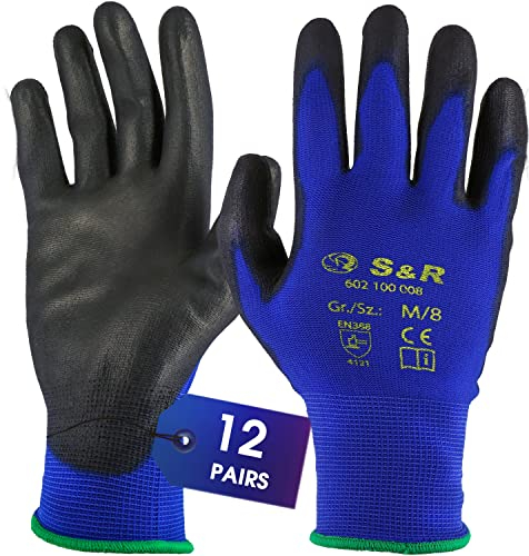 S&R Gants de Travail 12 PAIRES Homme Femme Légers et Résistants Taille 8-9 -10. Gants pour Bricolage et Jardinage Peinture Montage Emballage Jardinage