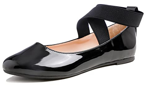 Feversole Women's Suede Ballet Flat,Sangles élastiques à la Cheville Chaussures de Ballet Ballerines Fille et Femme Cuir végétalien Verni Noir Élastique Taille 39