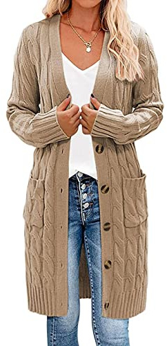 Earnmore Womens Long Sleeve Cable Knit Long Cardigan Open Front Button Sweater Outerwear