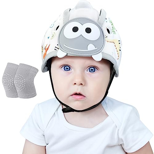Orzbow Baby Helm,Atmungsaktiver Baby Kopfschutz zum Krabbeln und Gehen, Verstellbarer Baby Sicherheitshelm,Anti-Kollision,Ultraleicht,Hochwertige Baumwolle und EVA (Weißer Dino)