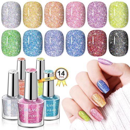 Saviland Glitter Nail Polish Set, Quick Dry Nail Varnish Reflective Shimmer Spring Nail Polish with Base Top Polish Coat Long Lasting Sparkle Metal Holographic Nail Varnish Kit for Women Manicure Art