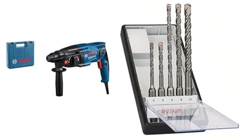 Bosch Professional Bohrhammer GBH 2-21 (mit SDS plus, inkl. Zusatzhandgriff, Maschinentuch, Tiefenanschlag, im Handwerkerkoffer) + 5tlg. Robust Line Hammerbohrer SDS Plus-5 Set (für Beton, Zubehör)