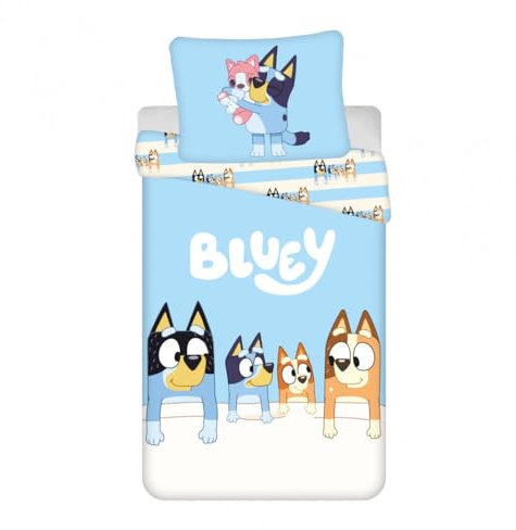 Jerry Fabrics Bluey Family Bed Linen Set – Reversible Duvet Cover 140 x 200 cm and Pillowcase 70 x 90 cm – MultiColoured – 100% Cotton