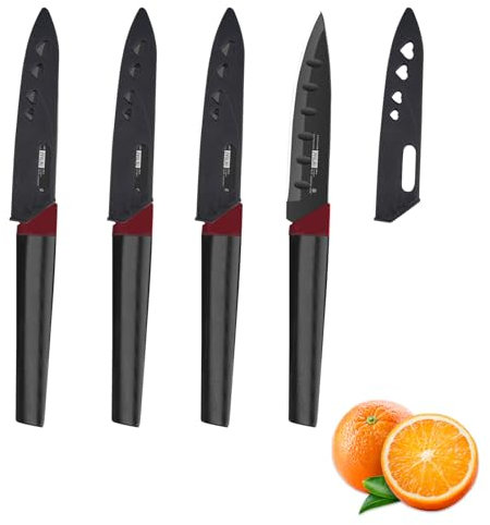 Fruit Knife, 4 Pieces Small Kitchen Knife Sets with Protective Cover, Sharp and Durable Vegetable Knife Set, Black Stainless Steel Fruit Knives Small Suitable for Most Vegetables, Fruits and Meat