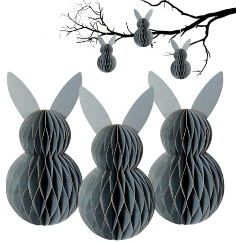 LUMOOM 3 pièces de décoration Pâques Boules alvéolées, Lapin Pâques en Papier Pliable, Lapin alvéolé en Papier Soie, Lapins Pâques à Suspendre pour l'extérieur, réutilisables (Gris)
