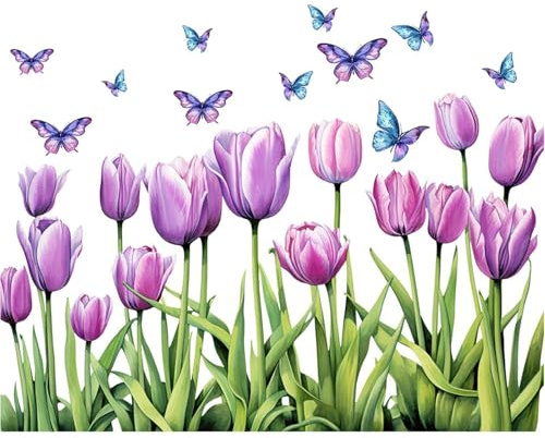 Tulip Butterfly Wall Sticker, Purple Waterproof and Oil-Proof Sticker, Removable Wall Sticker, Flower Wall Decal Waterproof for Home Bedroom Nursery Kitchen Bathroom Decoration