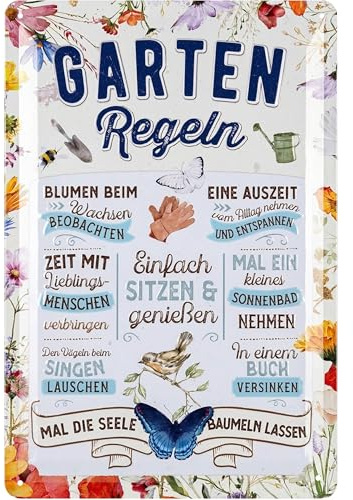 LANOLU Retro Blechschild Gartenregeln Schild - Blechschilder Garten mit Sprüchen - nostalgische Dekoration als Gärtner Geschenke - retro Deko vintage Metallschild Garten 20x30cm