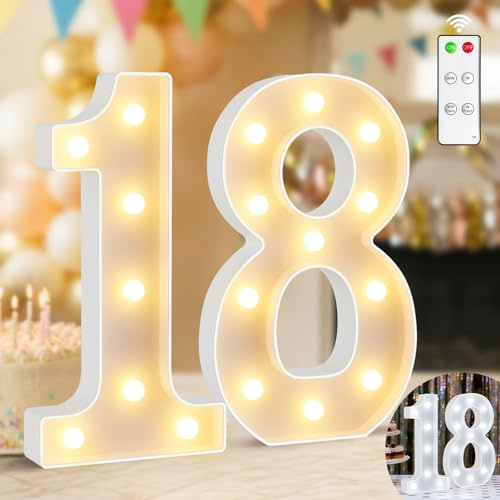 32CM LED Zahlen Lampe Nummer Beleuchtete Ziffern 18,Warmes & Kaltes Weiß Led Leuchtzahlen mit Fernbedienung für Happy Birthday Deko,Party Deko,Hochzeitsdeko,Batteriebetriebene,Desktop Wandtischdeko