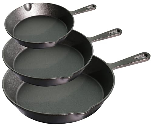 La Cuisine Gusseisen-Pfannen-Set, vorgebrannt, 3-teilig, 15, 19 und 25 cm, natürlich antihaftbeschichtet, zum Braten, Grillen, Sautieren, Anbraten, Backen, Lagerfeuer, ofenfest, gleichmäßiges Erhitzen