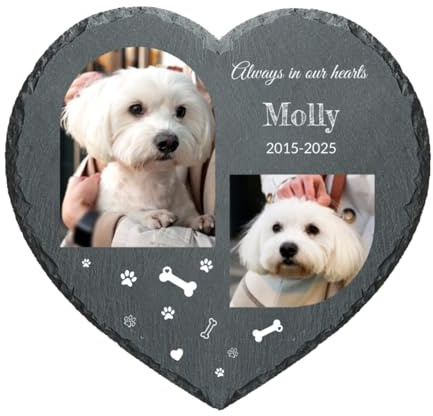 Personalised Pet Memorial Stones for Dog Cat Engraved 2 Photos Name Date Custom Heart-Shaped Pet Plaque Text Customised Tombstone Grave Garden Decorative Remembrance Stone Loss Gifts for Animal