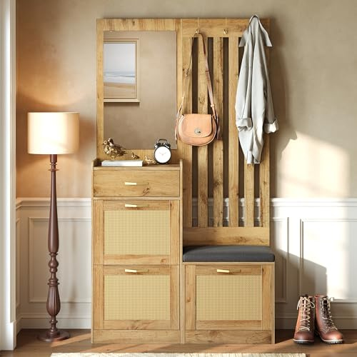 Merax Meuble d’Entrée avec Miroir et Banc, Vestiaire d’Entrée avec Range-Chaussures, Porte-Manteau avec Crochets, Armoire de Rangement Style Rotin, Ensemble de Hall Moderne Gain de Place