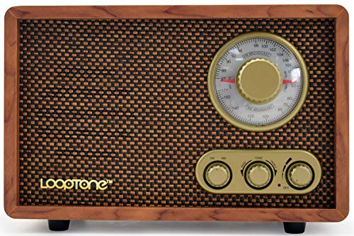 LoopTone AM FM Classic Retro Radio with Bluetooth Speaker,Vintage Wood Table Radio with Treble Bass Control for Kitchen Living Room with Rotary Knob Brown