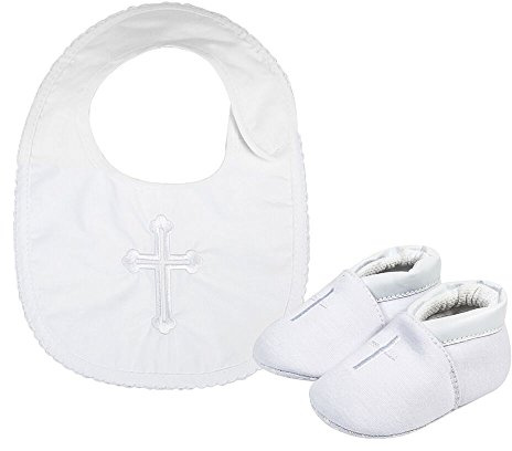 LACOFIA Baby Girls Anti-Slip Soft Sole Christening Baptism Shoes with White Embroidered Cross Bibs, 6-12 Months, Bib Shoes 02