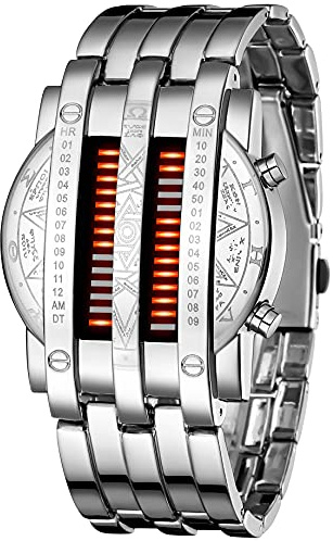 Binary Matrix Blue LED Digital Watch Mens Classic Creative Fashion Black Plated Wrist Watches (Silver Red)