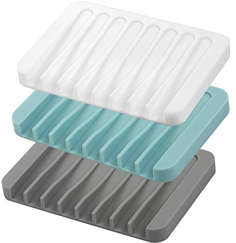 3PCS Self Draining Soap Holder, Premium Silicone Soap Dish, Soap Saver for Shower, Bathroom, Kitchen, Bath Tub, Sponges, Keep Soaps Bars Dry Clean, Easy Clean, Extend Soaps Life