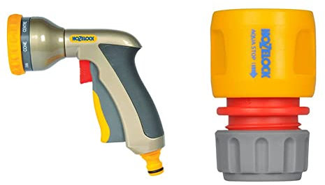 HOZELOCK Multi Plus Spray Gun, Multicolour & Hozelock 2185P9000 AquaStop Connector (12.5mm & 15mm), Grey, Orange, Red