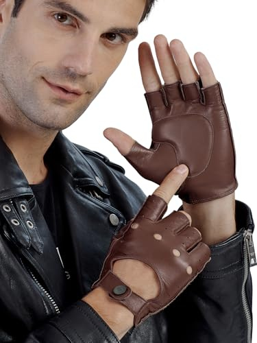 GSG SINCE 1998 Guantes de cuero para hombre sin dedos | Medio dedo en piel de oveja, palma ventilada, sin forro, transpirables, para conducir, ciclismo y moto