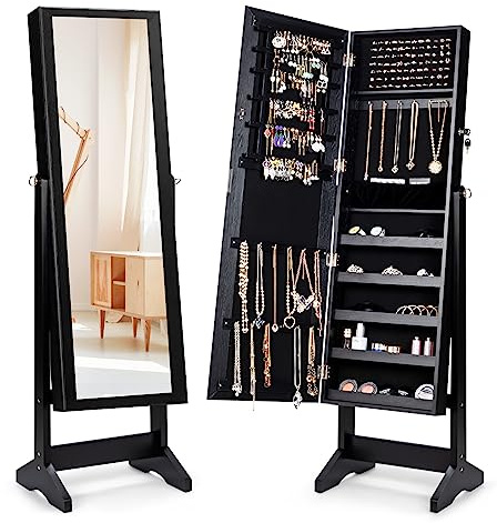 HOMASIS 2 en 1 Armoire à Bijoux avec Miroir complet,Étagère à Bijoux Berrouillable Réglable sur Pied, Rangement de Bijoux avec Clés pour Salon Chambre (noir)