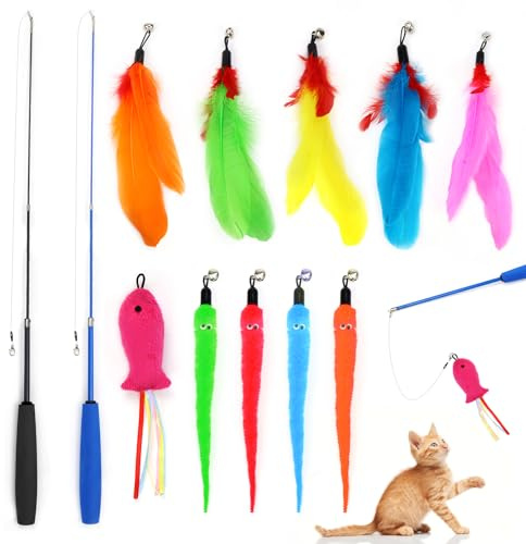 Juguetes para Gatos Interactivos Retráctil Juguete Gato Juegos para Gato con Plumas Interactivo de Gato Varita Mágica con Campanas y Teaser de Repuesto Caña para Ejercitar Gatos y Gatitos (Estilo 2)