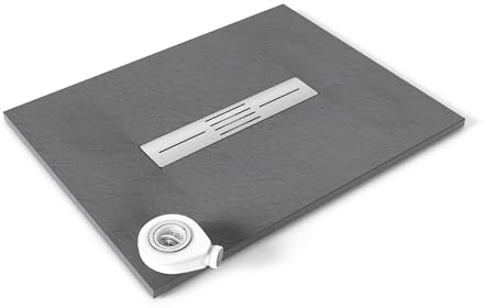 MOMENTS OF GLASS Plato de ducha Lumia 80x100 cm cm Gris RAL7030 - Antideslizante, Textura Pizarra, Resistente, Duradero, Fácil Limpiar - Incluye Sifón en el centro y Tapa en Acero Inoxidable