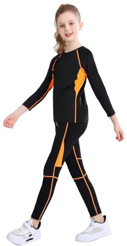linboo Mädchen Sportanzug 2tlg Yoga Anzug mit Langen Ärmeln und Hosen, Elastisch, Outdoor eng anliegende Tanz- und Fitnessbekleidung für Kinder, Orange, Herstellergröße：150 Geeignete 146-152
