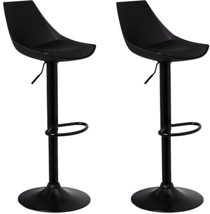 LOLAhome - Set de 2 Taburetes Altos Cocina Giratorios en 360°, Juego de Sillas de Bar Regulables en Altura de 83 a 104 cm, con Respaldo, Estructura Metal Negra y Reposapiés, Negros