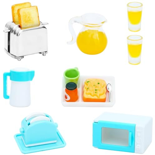 Miniaturas para Casa de Muñecas, 21 Piezas Miniatura Conjunto para Desayuno, 1/12 Cocina en Miniatura con Máquina de Pan Horno Microondas, Mini Comida Juguete, Accesorios Casa de Muñecas
