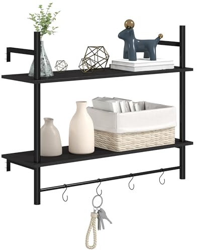 HOMCOM Estante de Pared de 2 Niveles Estante Flotante Repisas de Pared con 4 Ganchos 2 Estantes y Marco de Acero para Entrada Salón Dormitorio 80x24x65 cm Negro