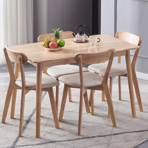 DZOVAD Wood Dining Table and Chairs Set 4, Farmhouse Kitchen Table Set, 100% Natural Solid Timber Material, FSC-Certified (Wood-pad, Curved Back)