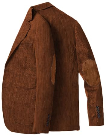 Stillluxury Giacca blazer in velluto a coste con toppa sul gomito, slim fit, da uomo, vintage, monopetto, per balli di fine anno e matrimoni, Marrone scuro, L