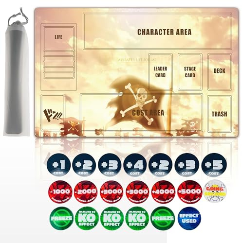 Cylvenor for one Piece TCG playmat - 24x14 inches Rubber Card Game mat with Marked Areas, 20 Acrylic counters & Storage Bag for one Piece Card Game Fans (Skeleton)
