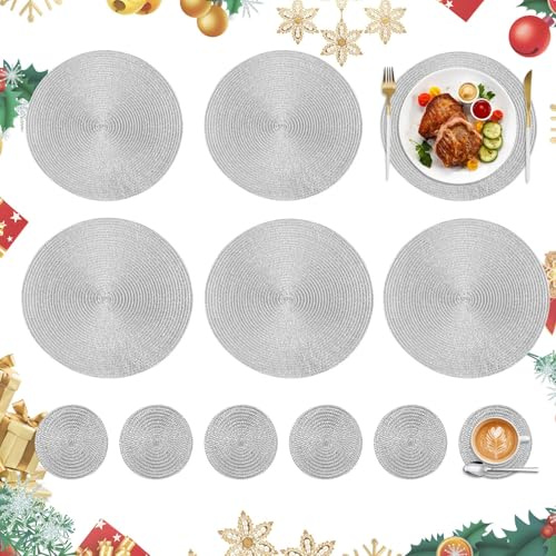 Homcomodar Christmas Silver Table Place Mats and Coasters Set of 6 Round Braided Placemats Heat Resistant Xmas Placemats Washable Dining Table Mats for Holiday Kitchen Dinner