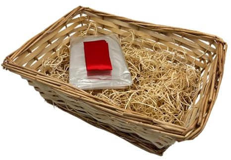 SwiftPick Home Gift Hamper Basket Kit, 30cm x 23cm x 10cm, Make Your Own Hamper, Christmas, Birthday, Wedding, Christening, Wicker Basket with Shredded Wood, Red Ribbon and Plastic Wrap