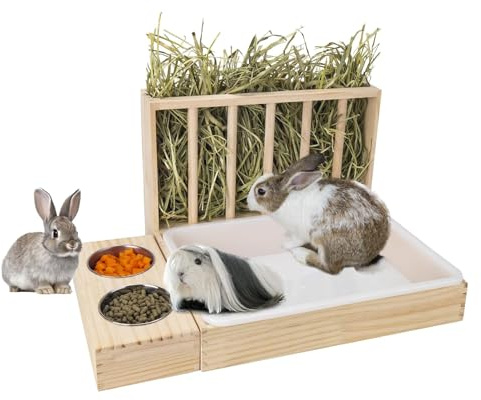 LICAEVEY Comedero de Heno para Conejos 3 en 1 con Caja de y 2 Tazones, Pesebre de Madera para Heno, Estante para Alimentos con Diseño Antivuelco para Conejillos de Indias