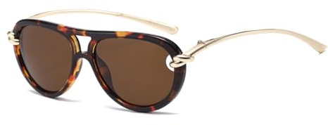 LJCZKA Occhiali da Sole Pilota Retrò per Donna Uomo Doppio Ponte Pilota Occhiali da Sole Anni '70 Montura Metálica Scudo Moda Protección UV400 (Tartaruga Marrone)