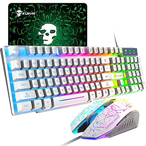 T6 Arcobaleno Retroilluminazione Ergonomic Gaming Keyboard + 2400DPI 6 Tasto Dell'arcobaleno LED USB Mouse Game + Gioco Mouse Pad, Wired Gaming Keyboard and Mouse Impostato for PC/MAC (QWERTY, Bianco)
