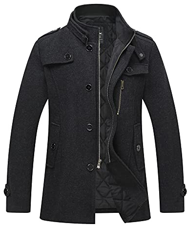 wantdo Men's Wool Melton Walking Coat Windproof Jacket Overcoat Thick Black S