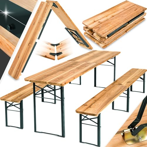 TecTake® Set 3 Pezzi da Birreria, Tavolo e Panche da Esterno Pieghevoli, Struttura in Acciaio, Dimensioni Tavolo 220x50,5x77,5 cm, Panche 220x25x47,5 cm - Set da Birra Pieghevole al Centro