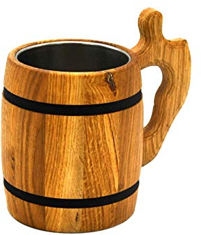 MyBer® Chope à bière en bois de chêne massif - Environ 0,5 l - Insert en acier inoxydable - PM-PO315