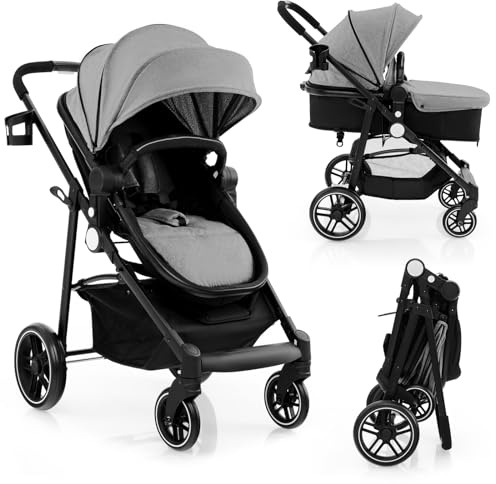 COSTWAY 2 in 1 Baby Pushchair, Foldable Travel System Pram with Reversible Seat, Adjustable Canopy, Storage Basket, Cup Holder, Lightweight Infant Stroller for 0-36 Months (Grey)