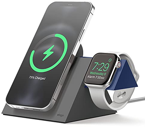 elago MS5 Charging Station Compatible with MagSafe Charger, Compatible with iPhone 17, 16, 15, 14, 13, 12 Series, Compatible with Apple Watch All Series [Chargers Not Included] (Dark Grey+Jean Indigo)