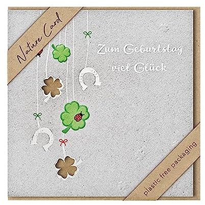 bsb - Karte zum Geburtstag - Nature Card - Nachhaltige Karten - Geburtstagskarten mit Umschlag - Geburtstagskarte Frauen & Männer - Glückwunschkarte 15,5 x 15,5 cm - Kleeblatt & Hufeisen