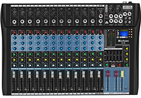 Micfuns studio Live Mezclador 12 Canales DJ Profesional Stereo Sound Consola Mezcladora Bluetooth USB Grabación Ordenador Reproducción de Alimentación Fantasma USB Digital Audio Mixer Amplificador